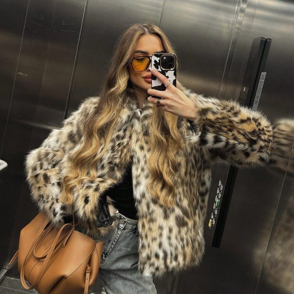 Women's Faux Fur animal print Long Sleeve Warm Coat - Picture 1 of 9